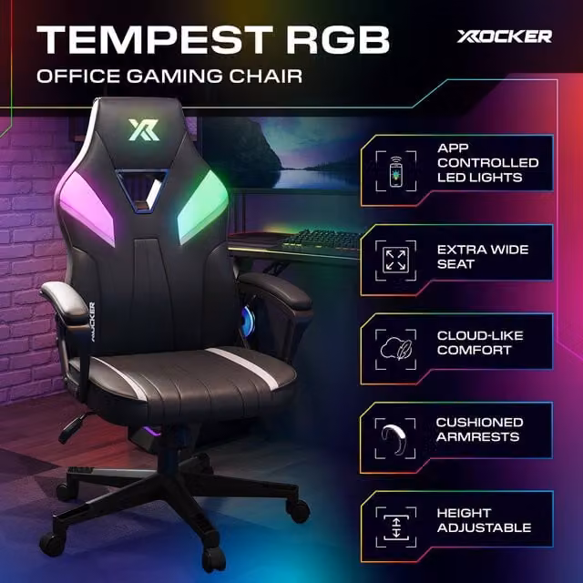 X Rocker Tempest RGB Ergonomic PC Gaming Chair in Black Synthetic Leather with LED Lights
