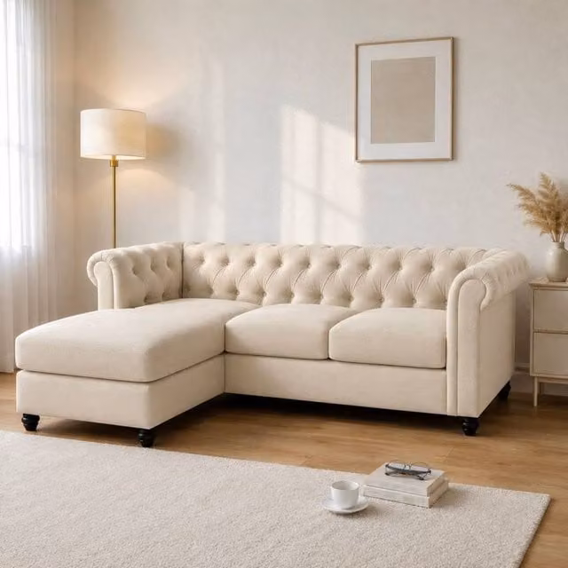 Sofaya Hampton 3 Seater L Shape Chesterfield Sofa in Beige Velvet with Left Hand Chaise