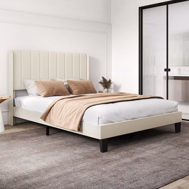 Levede Modern Upholstered King Bed Frame in Beige and Grey, W/D/H: 150 x 200 x 104.5 cm