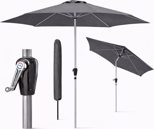 GlamHaus Tilting Garden Parasol Umbrella in Grey with UPF 40 Protection and Cover