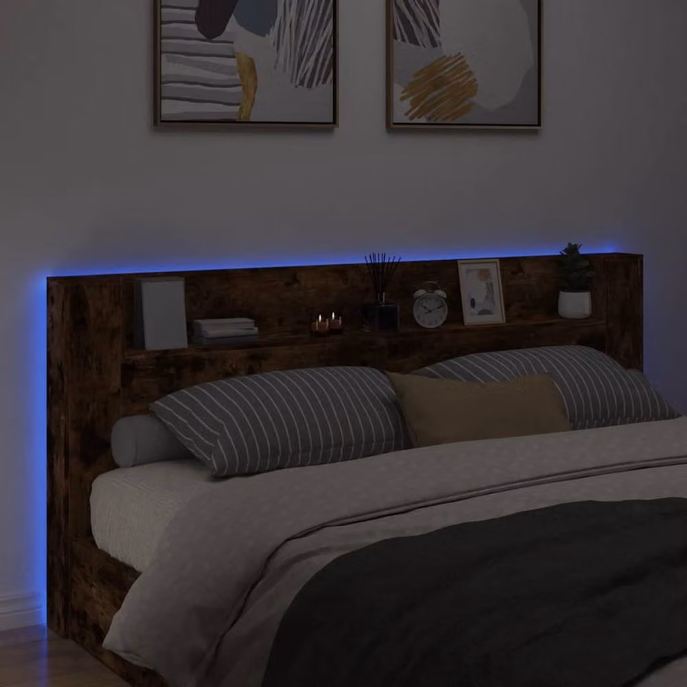 Berkfield Home Headboard Cabinet with Integrated LED Lighting in Smoked Oak Brown, W/D/H: 220 x 16.5 x 103.5 cm – 4