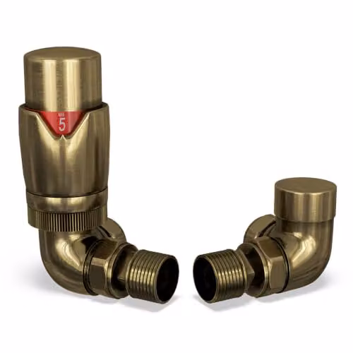 Stirling Bold Antique Brass Thermostatic Radiator Valve and Lockshield Corner Set – 1