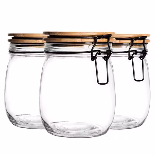 Argon Tableware Glass Storage Jars with Airtight Wooden Clip Lids, 750ml, Pack of 6, Black and Transparent – 1