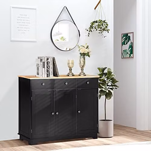 HOMCOM Modern Black Sideboard Buffet Cabinet with Rubberwood Top and Storage Cabinets, W/D/H: 101 x 40 x 85 cm – 2