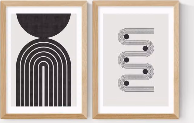 East End Prints Retro Monochrome Abstract Geometric Twin Set Framed Art in Black and White Wood Frame