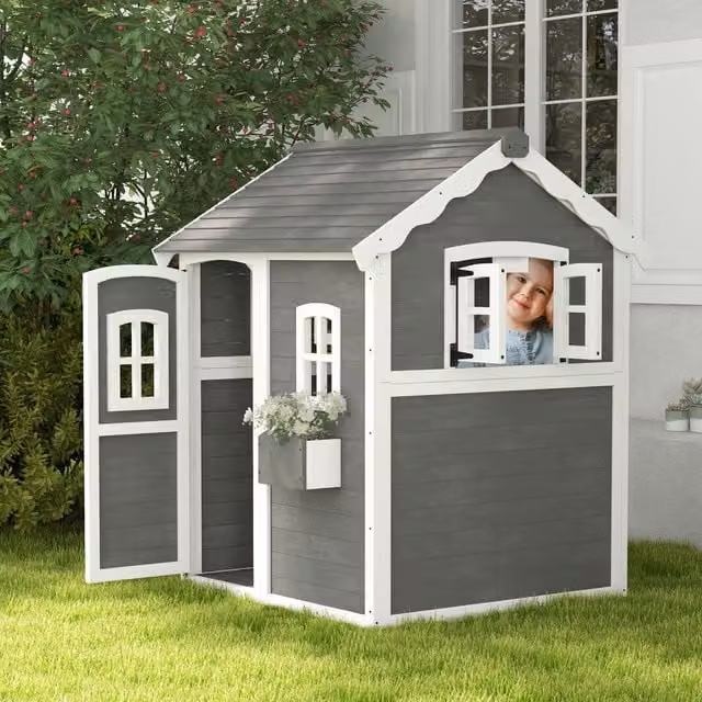 Outsunny Wooden Playhouse Window Plant Pots in Grey