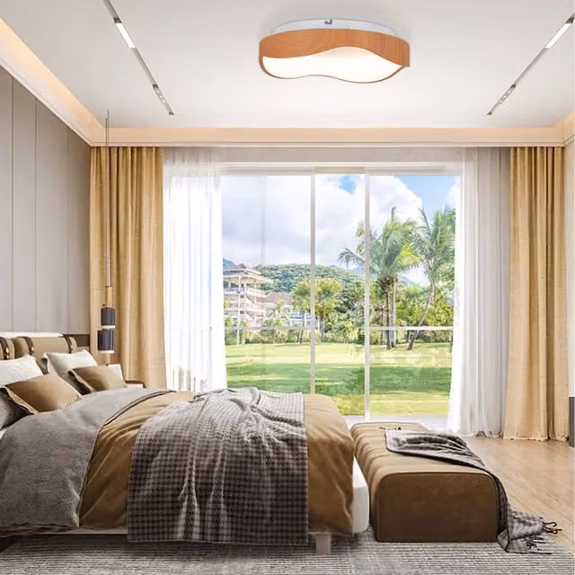 COSTWAY Modern LED Ceiling Mount Downlight in Brown with Wood and Metal Finish