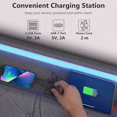 HOMCOM King Ottoman Bed Frame with Lift Up Storage, RGB LED Lighting and USB Charging Port, Grey, W: 150 cm, D: 200 cm – 5