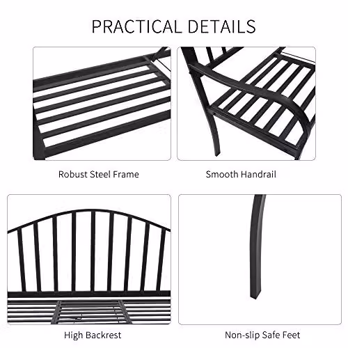 Outsunny 2 Seater Metal Garden Bench with Foldable Middle Table in Black – 4