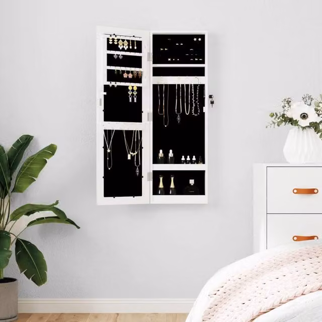 Berkfield Home Mirror Jewellery Cabinet, Wall Mounted, White, W: 30 cm, D: 8.5 cm, H: 90 cm – 1