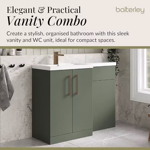 Balterley Green L-Shaped Corner Vanity Unit with L-Shaped Basin, WC Unit and Brushed Bronze D-Shape Handles – 2