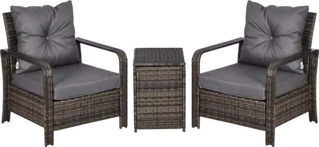Outsunny 3 Piece PE Rattan Wicker Garden Bistro Set with Grey Cushions