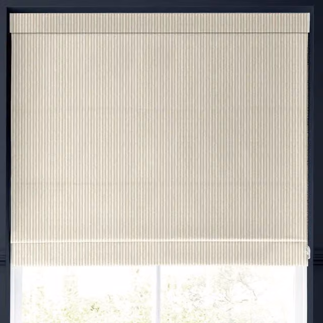 Emily Bond Oscar Stripe Made to Measure Roman Blind in Beige Linen Blackout Textile