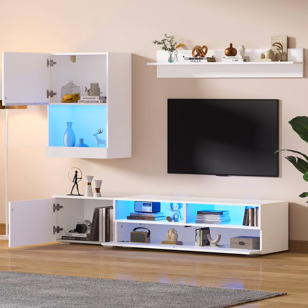 ModernLuxe 3 Piece Modern Glossy White TV Wall Unit with Integrated Lighting, Lowboard, Display Vitrine and Open Shelf – 2