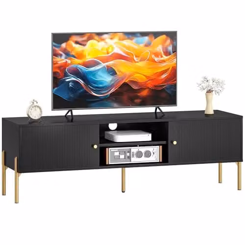 HOMCOM Modern Geometric TV Stand for Televisions up to 66 Inch, Black and Gold Metal Entertainment Center, W/D/H: 140 x 38 x 45.9 cm