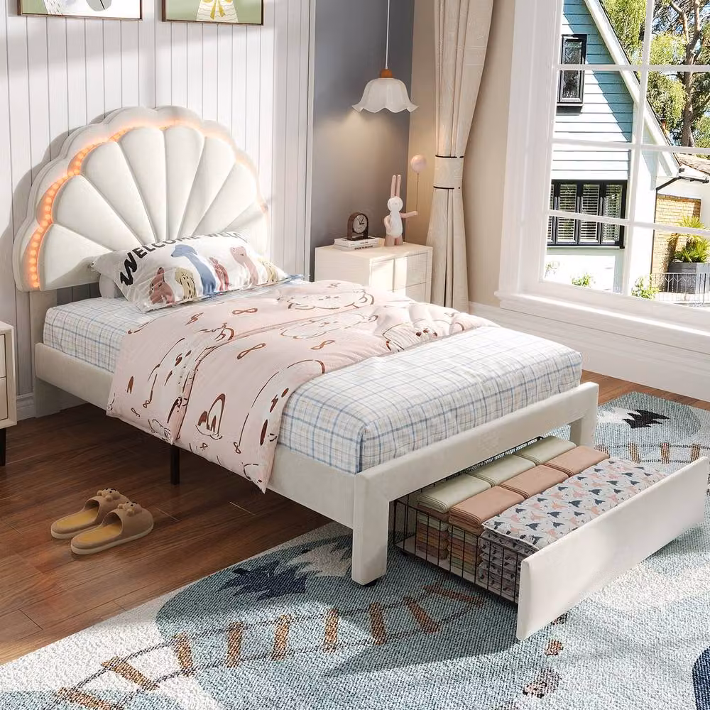 ModernLuxe Velvet Single Bed with 1 Drawer, Shell-Shaped Headboard and LED Under-Bed Lighting, Beige, W/D/H: 90 x 190 cm – 2