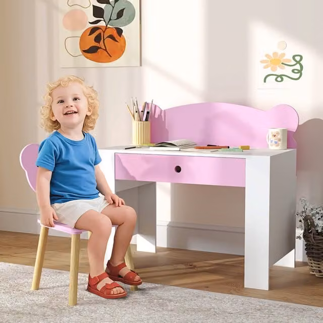 AIYAPLAY Kids Desk and Chair Set with Drawer in Pink and White