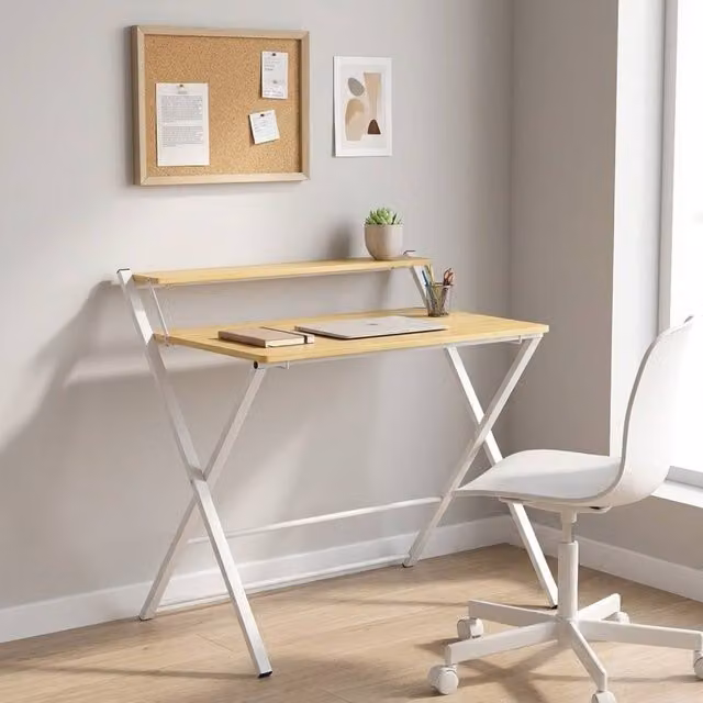 STILVORA Folding Writing Desk with Shelf in White and Beige