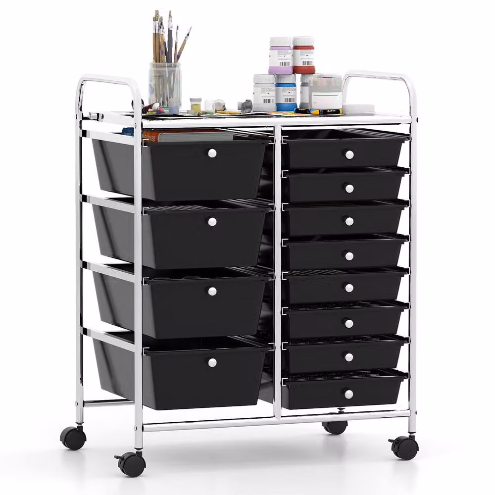 Costway Black Multi-Purpose Metal Utility Storage Cart with Castors and 2 Drawers – 3
