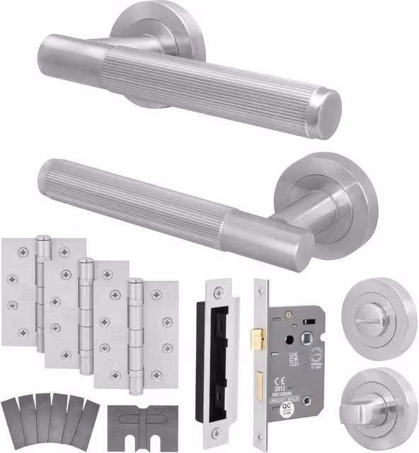 AFIT Satin Nickel Bathroom Fire Door Handle Set in Silver with Hinges and Lock
