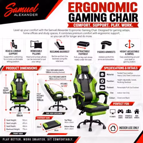Samuel Alexander Ergonomic Green Faux Leather Gaming Chair with Headrest and Foot Ring – 8