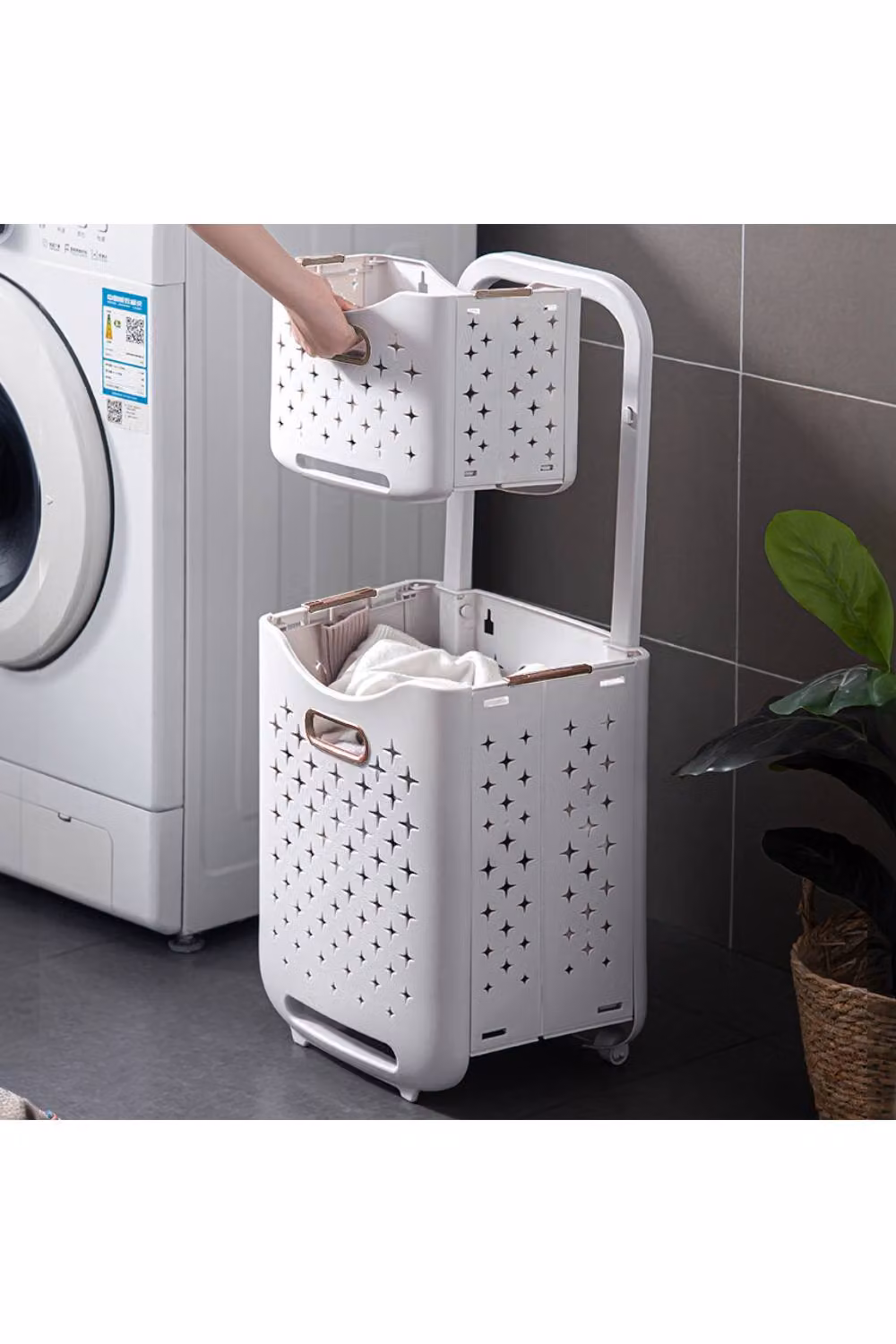 Living and Home 2-Tier Foldable Laundry Basket Clothes Hamper with Casters in White – 2