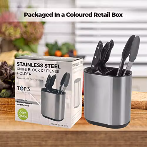 Top 3 Stainless Steel Kitchen Utensil Holder and Knife Block in Silver with Drainage System and Non-Slip Base – 5