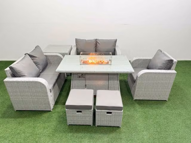 Fimous Grey Poly Rattan Garden Furniture Set with High Back Reclining Chair, Loveseat Sofa, Firepit Dining Table and 2 Stool Side Tables