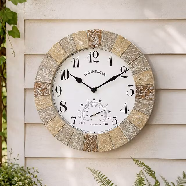 Marco Paul Westminster Stone Slates Round Analog Garden Clock and Thermometer, Diameter: 26 cm – 1