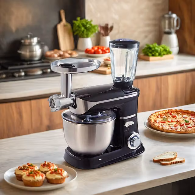 Livingandhome Multi-Function Stand Mixer with 6 Speeds and 7L Capacity, Black and Transparent