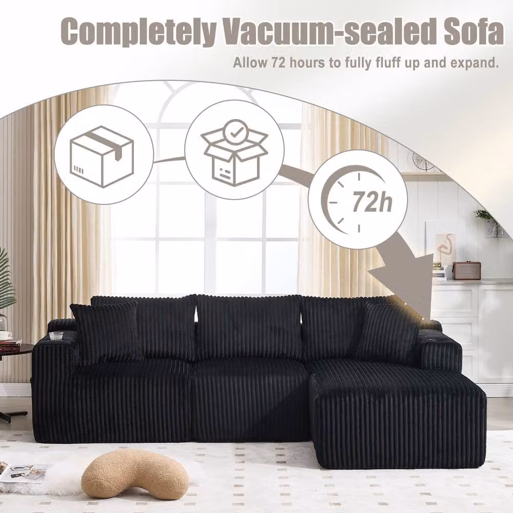 Direct Wicker Black L-Shaped Modular Sectional Sofa with 3-Seater Upholstered Fabric Cushions and Cup Holders – 2