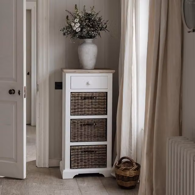 Statement Furniture Florence Tallboy with Drawer and Storage Baskets in White