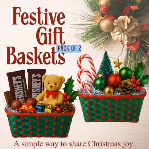 Almineez Set of 2 Bamboo Christmas Hamper Baskets in Red and Green, Rectangular Open Weave Storage Baskets – 2