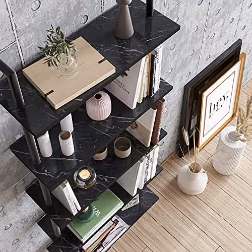 DECOROTIKA Paula 5-Tier Wall Mounted Bookshelf in Black and Black Marble Effect – 2