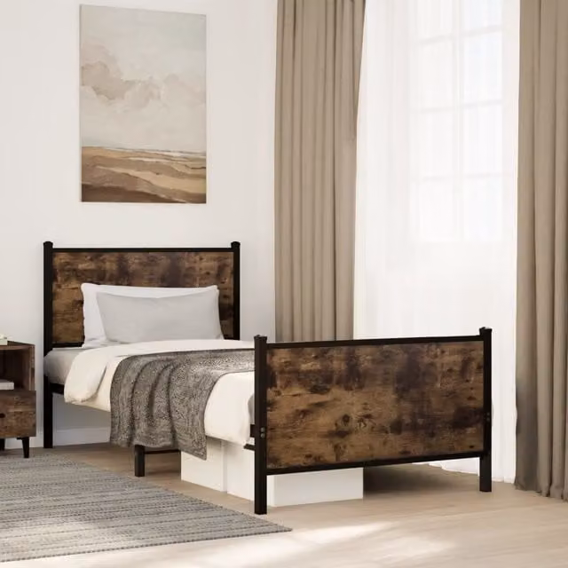 Berkfield Home Metal Bed Frame in Smoked Oak Brown, W/D/H: 90 x 200 cm – 1