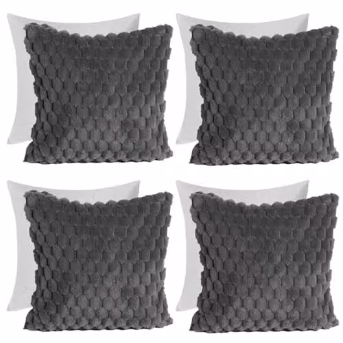 OHS Set of 4 Waffle Faux Fur Cushions with Covers, Grey, W/D/H: 45 x 45 x 45 cm