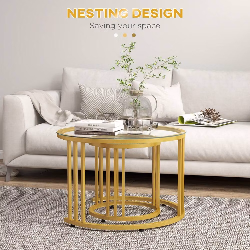 STILVORA Set of 2 Art Deco Nesting Coffee Tables with Gold Metal Sled Base and Round Glass Tops – 4