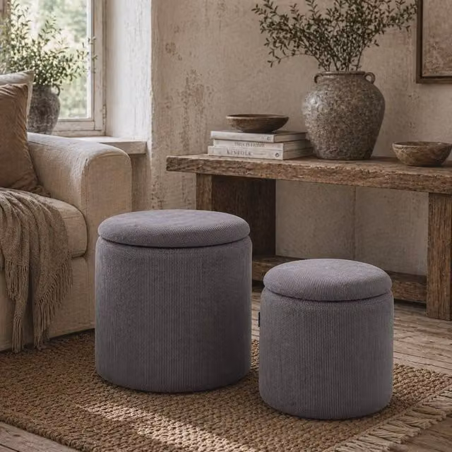 Wyld Haus Seleco Set of 2 Light Grey Corduroy Round Storage Ottomans