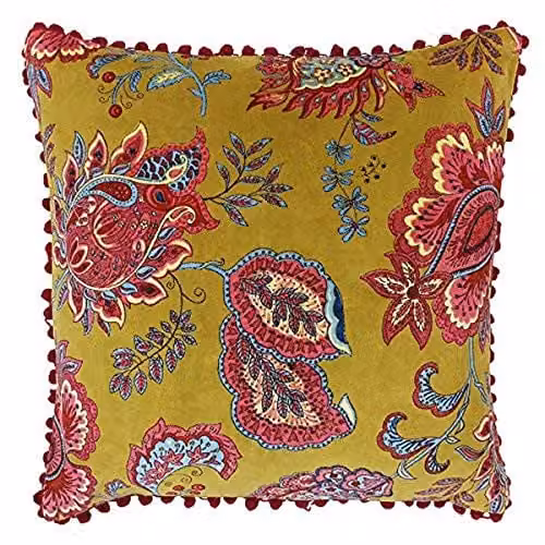 Riva Home Malisa Square Paisley Print Cushion in Yellow and Pink with Pompom Edges, W/D/H: 50 x 50 x 50 cm