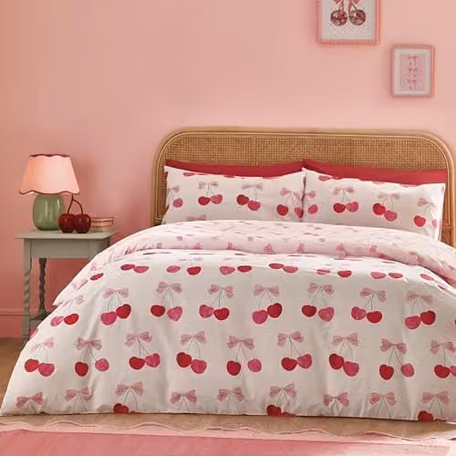 Catherine Lansfield Cherries and Bows Reversible Duvet Cover and Pillowcase Set, Pink, Duvet Cover: 180 x 200 cm, Pillowcases: 50 x 75 cm