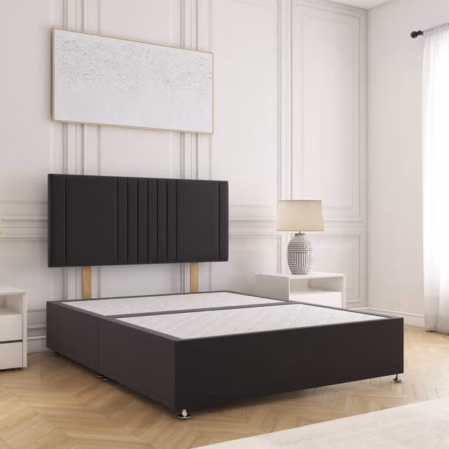 BSSPOKE Monaco Small Double Plush Velvet Divan Bed with 24 inch Headboard in Black, W/D/H: 120 x 200 cm