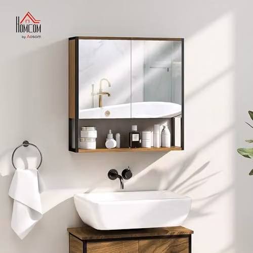 HOMCOM Modern Wall Mounted Bathroom Mirror Cabinet with Soft Close Hinged Doors and Internal Shelves, Brown, W: 60 cm, H: 60 cm, D: 16 cm – 2