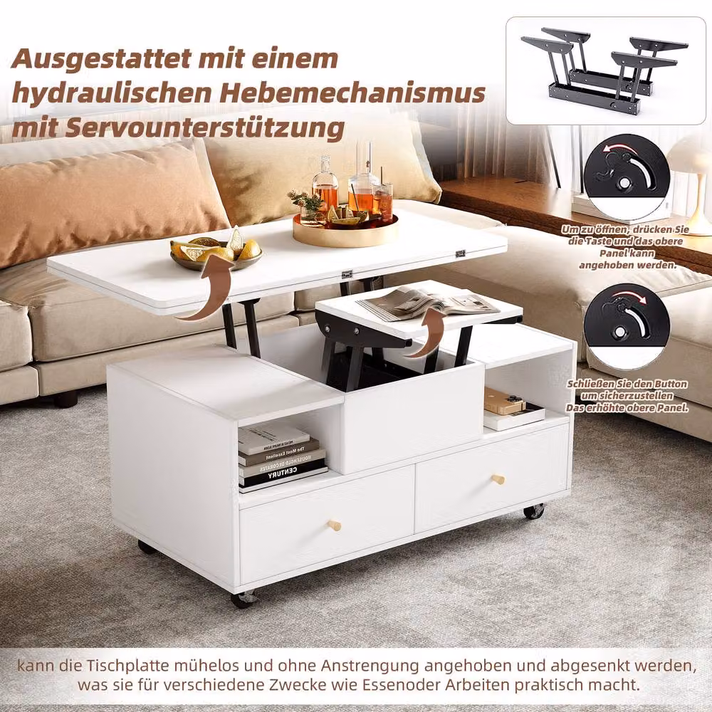 ModernLuxe White Lift Top Coffee Table with 4 Drawers, 2 Lifting Platforms and Castors, W: 120 cm, D: 60 cm, H: 50 cm – 4