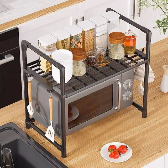 SPETLEK 2-Tier Black Metal Microwave Oven Rack and Kitchen Storage Stand