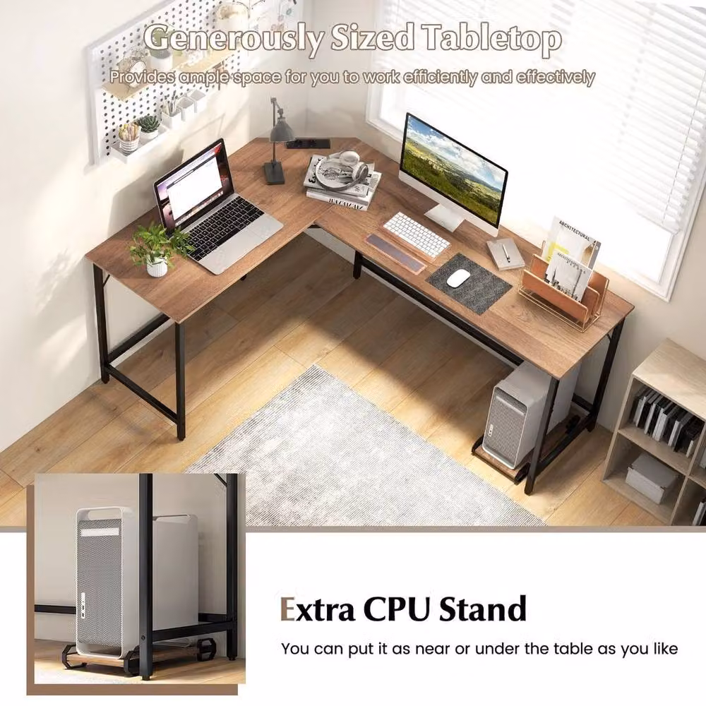 FORGEVIO L Shaped Gaming Desk with CPU Stand in Brown – 5