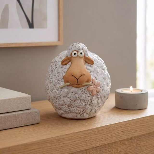 Garden Greatness Sheep Holding Flower Ornament in White, Pink and Multicolour