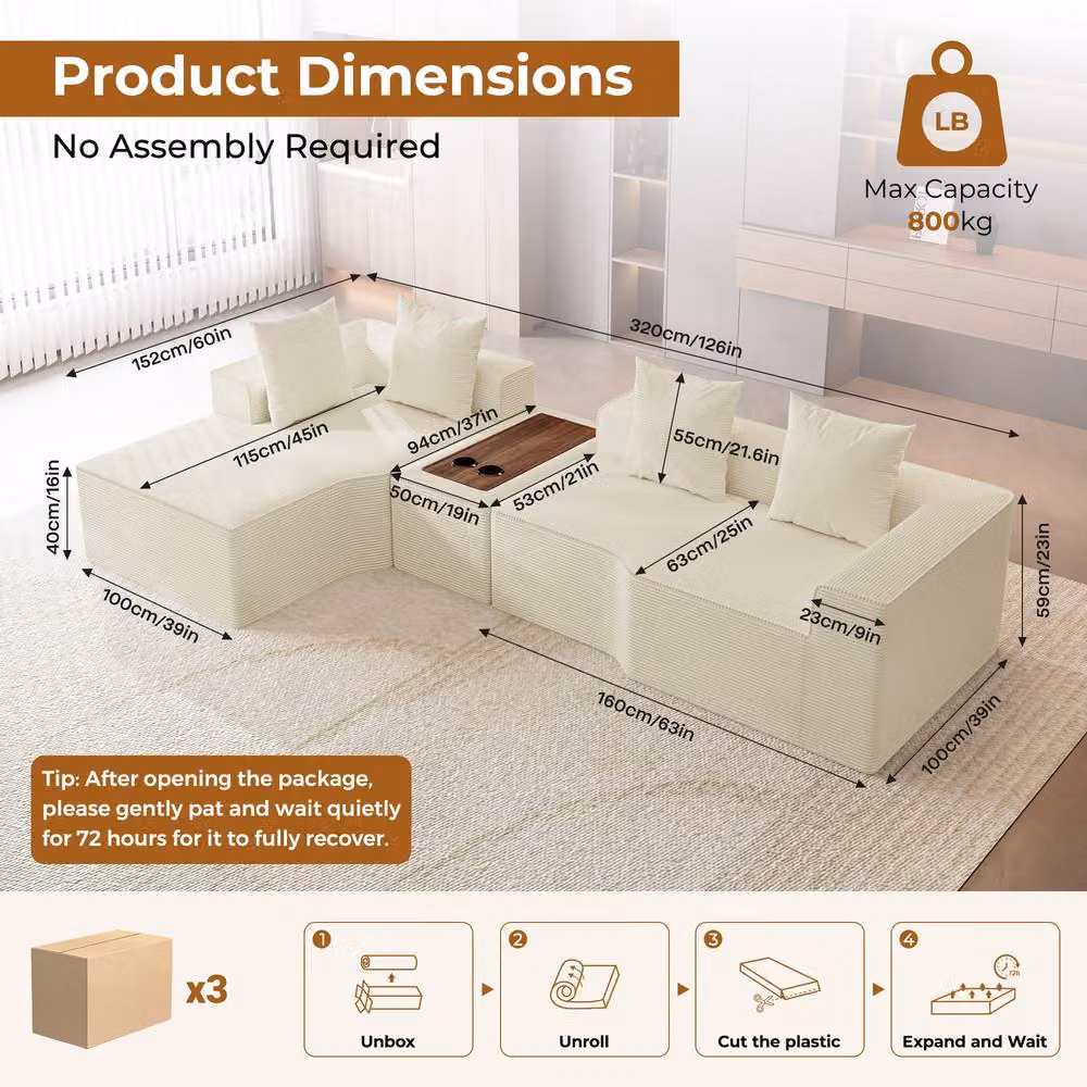 Dprodo Beige Corduroy Left L-Shaped Modular Sofa with Cup Holder Table and Scatter Cushions, Width: 320 cm – 3