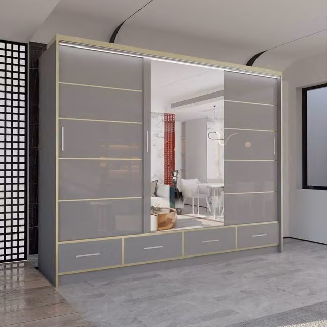 Sliding Wardrobes 4U Modern High Gloss Wardrobe with LED Light and Mirror Doors, Grey, W/D/H: 253 x 220 cm – 1