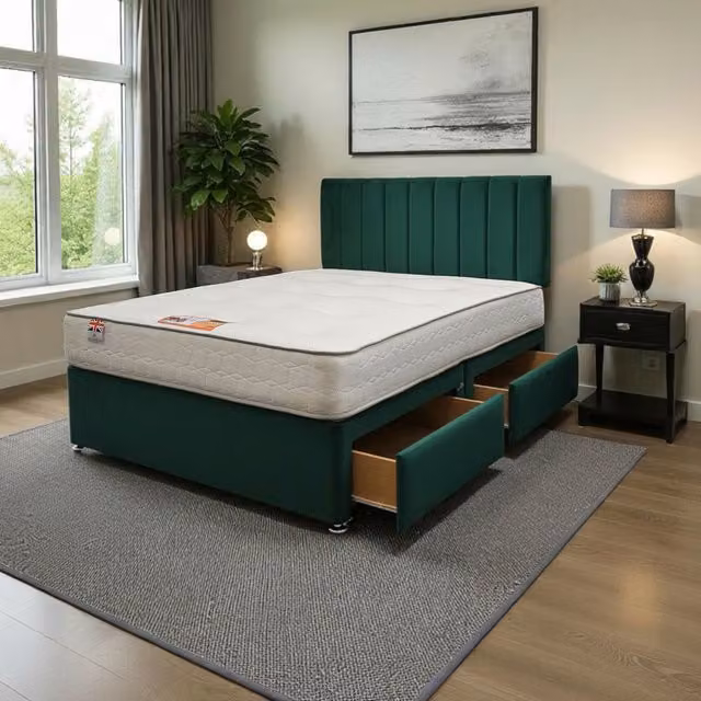Knight Sleep Paris Plush Superking Bed Set with Mattress and 2 Drawers in Emerald Green