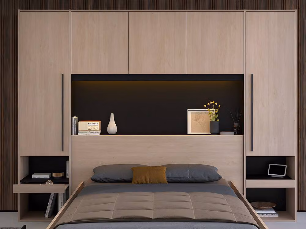 Vente-unique Overbed Unit with Storage and LED Lighting in Natural and Black, W/D/H: 140 x 190 x 202.8 cm – 3
